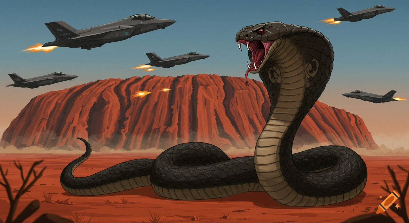 Cartoon illustration of a giant cobra facing F35 jets in the Australian outback near Uluru.