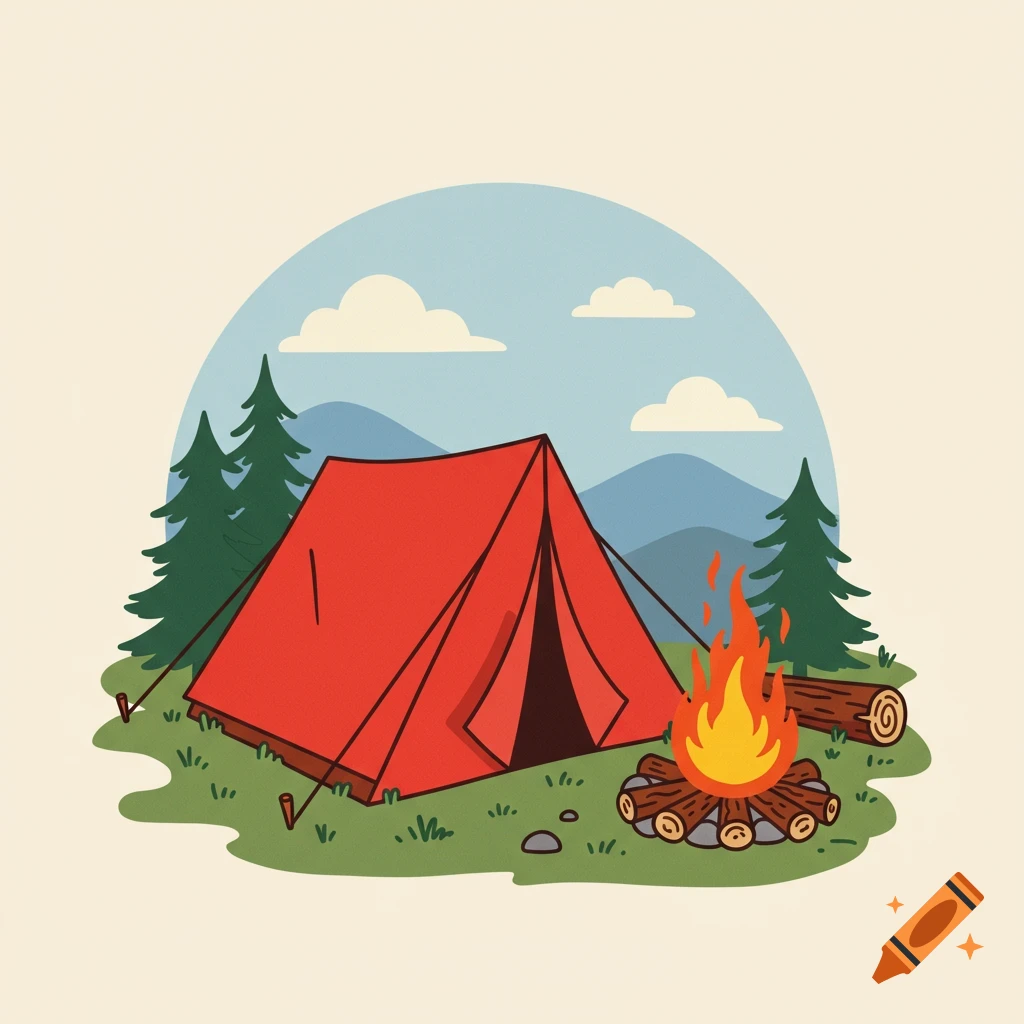 Clip art illustration of a red tent and campfire in a grassy area with trees and mountains.