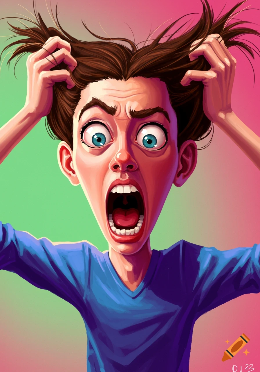 Cartoon illustration of a person pulling their hair out in frustration, screaming with wide eyes.