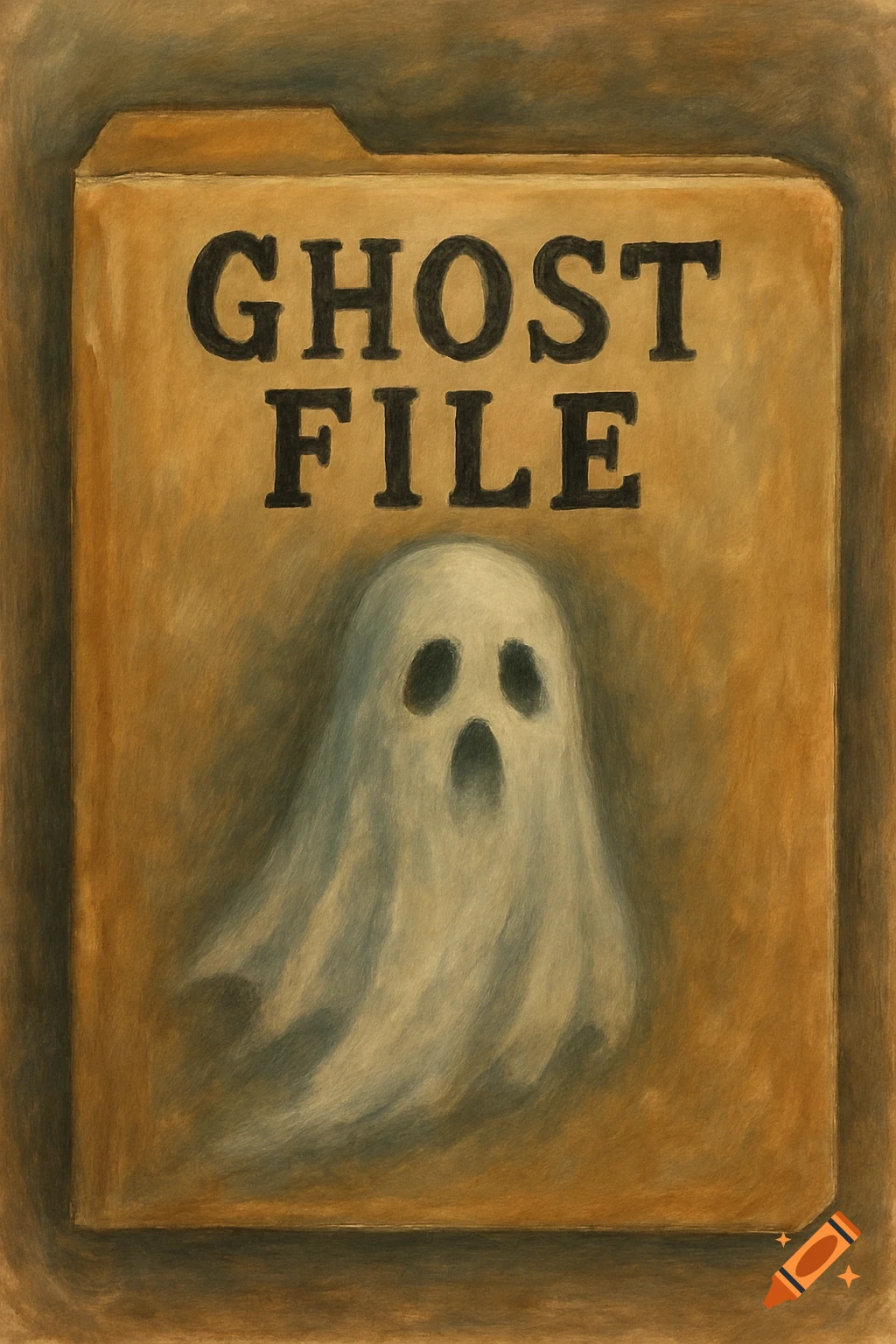Stylized drawing of a file folder labeled "GHOST FILE" with a spooky ghost on it.