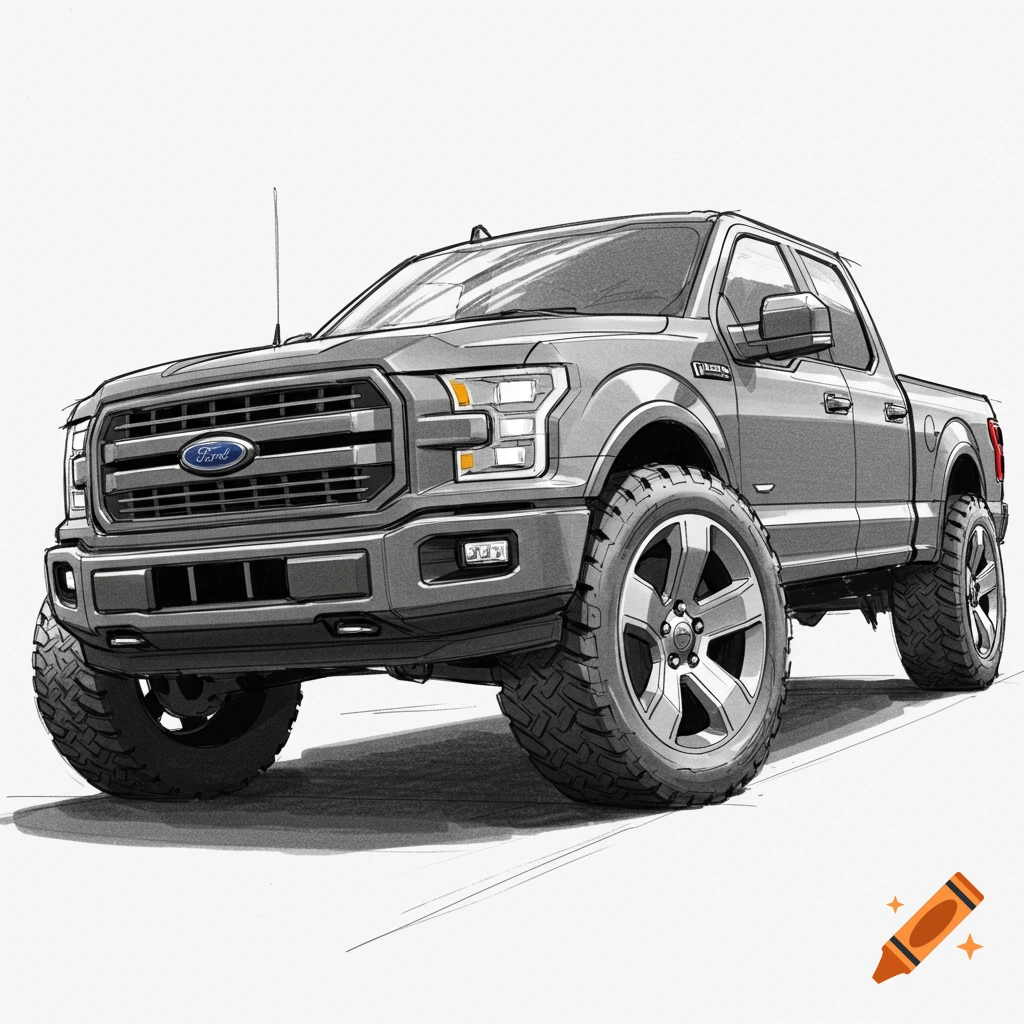 A detailed sketch drawing of a raised Ford F-150 truck from a low angle.