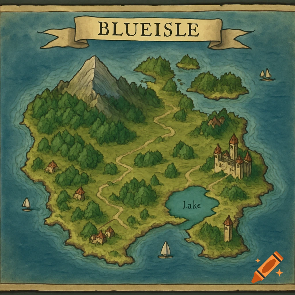 Hand-drawn fantasy map of BlueIsle island with mountain, lake, forest, castle, and houses.