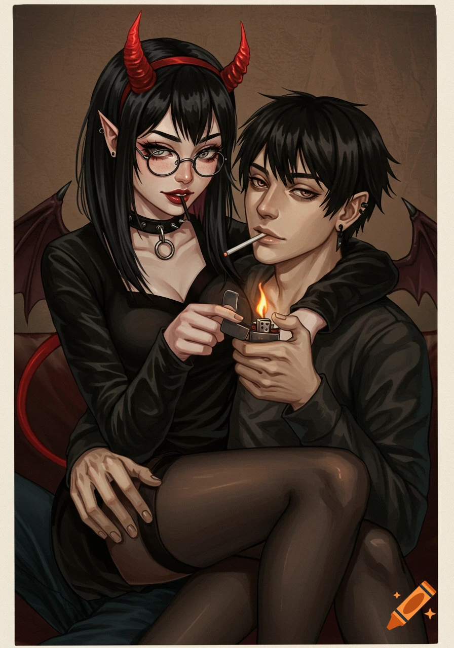 Graphic novel style image of a woman with devil horns lighting a man's cigarette.