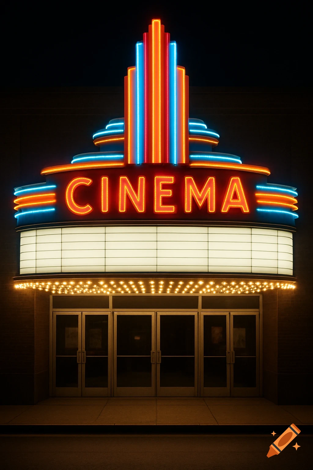 A cinema theater facade with a glowing neon marquee at night.