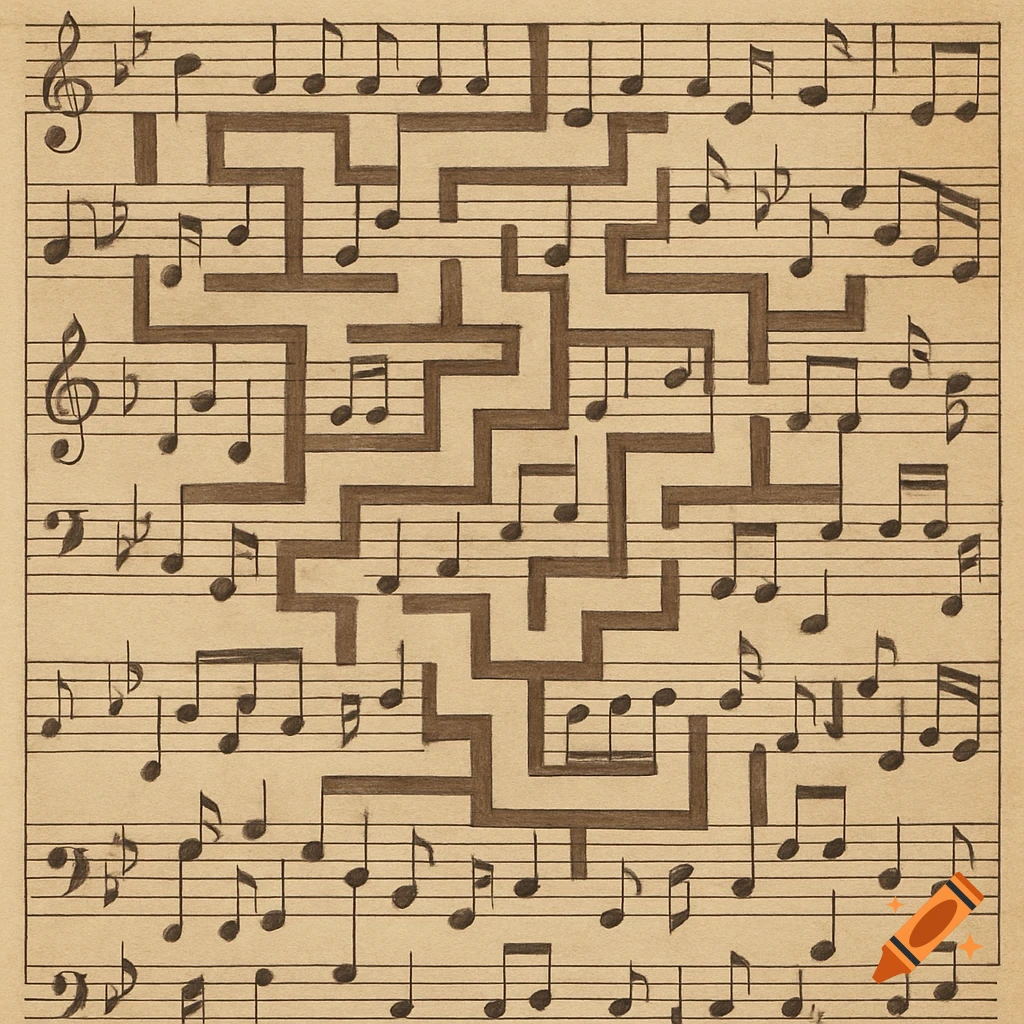 A maze composed of music staff lines and notes on a beige background.
