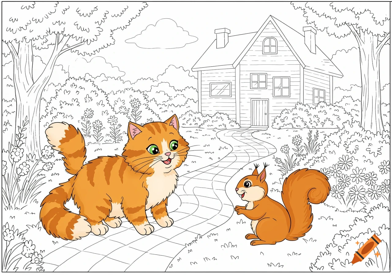Orange cat and squirrel in a garden with a house, in coloring page style.