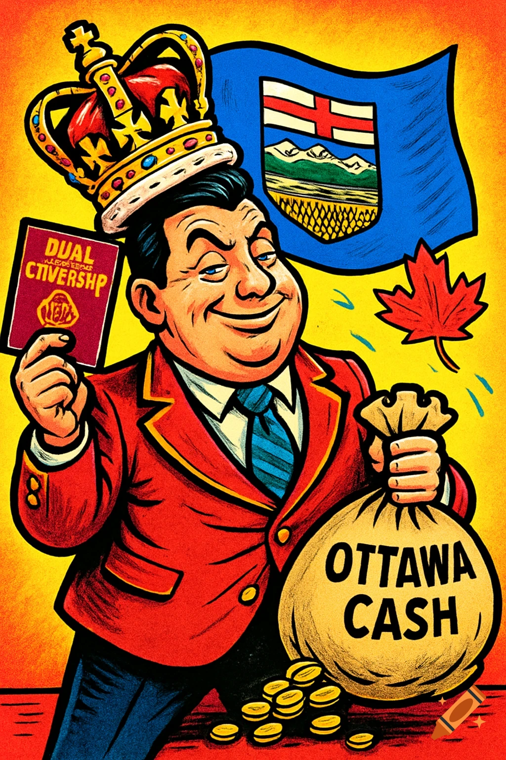 Cartoon of smug man with crown, holding 'Dual Citizenship' and 'Ottawa Cash' bag, with Alberta flag and maple leaf.