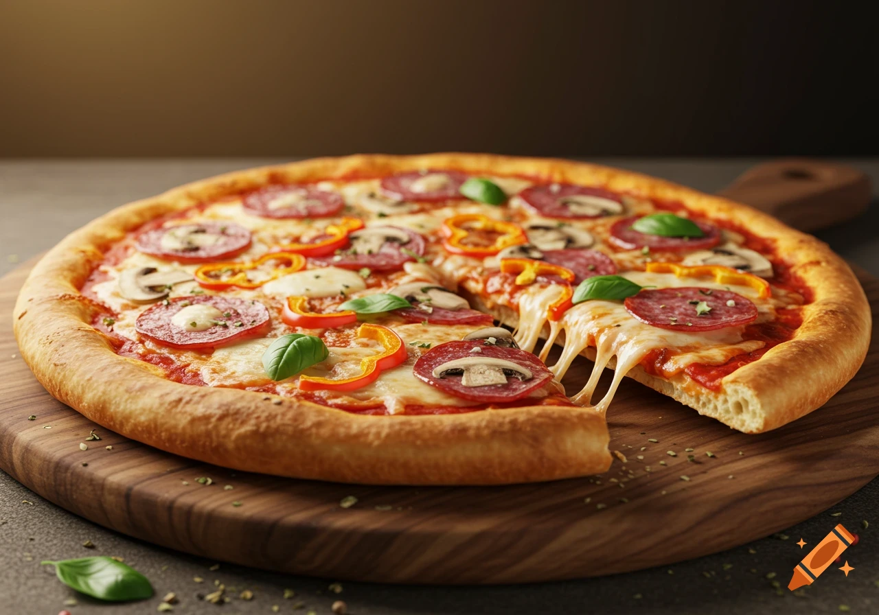 Photorealistic pizza with pepperoni, mushrooms, peppers, basil, and a cheese pull, on a wooden board.