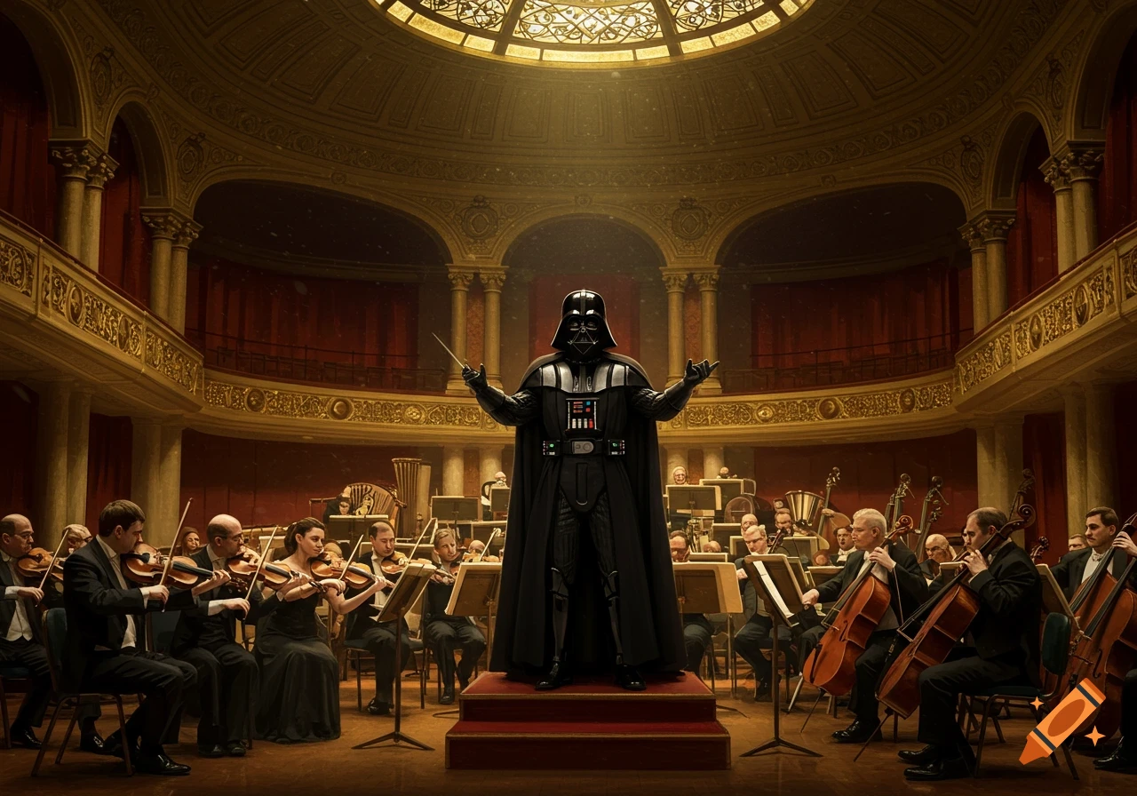 Darth Vader conducts an orchestra in a large, ornate concert hall.