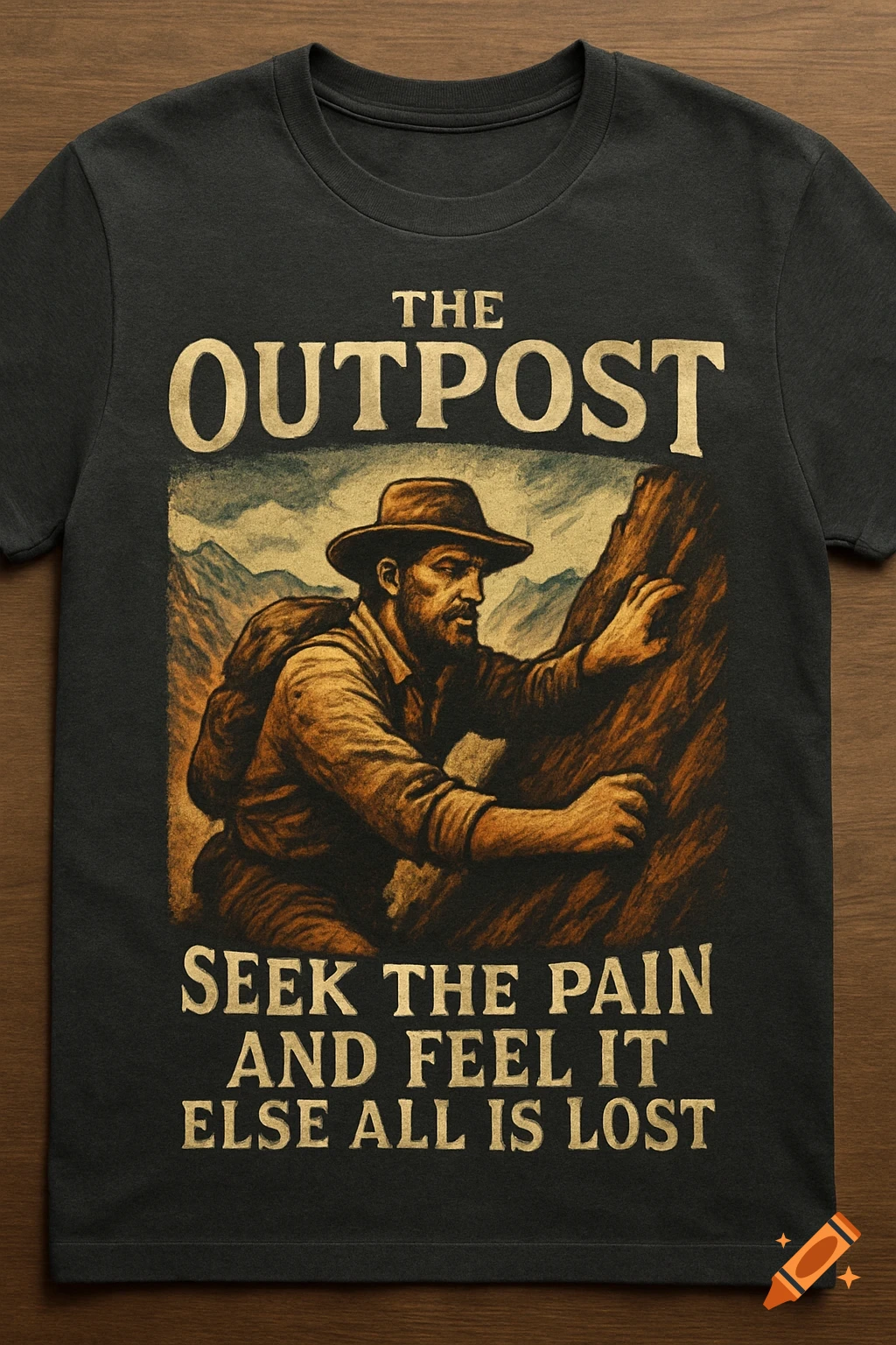 Dark grey t-shirt with vintage design of climber on rock face, text 'THE OUTPOST SEEK THE PAIN AND FEEL IT ELSE ALL IS LOST'.