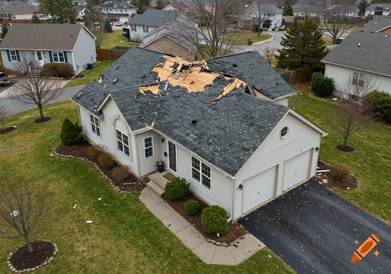 Aerial view of a suburban house with severe roof damage, likely from hail or a storm.