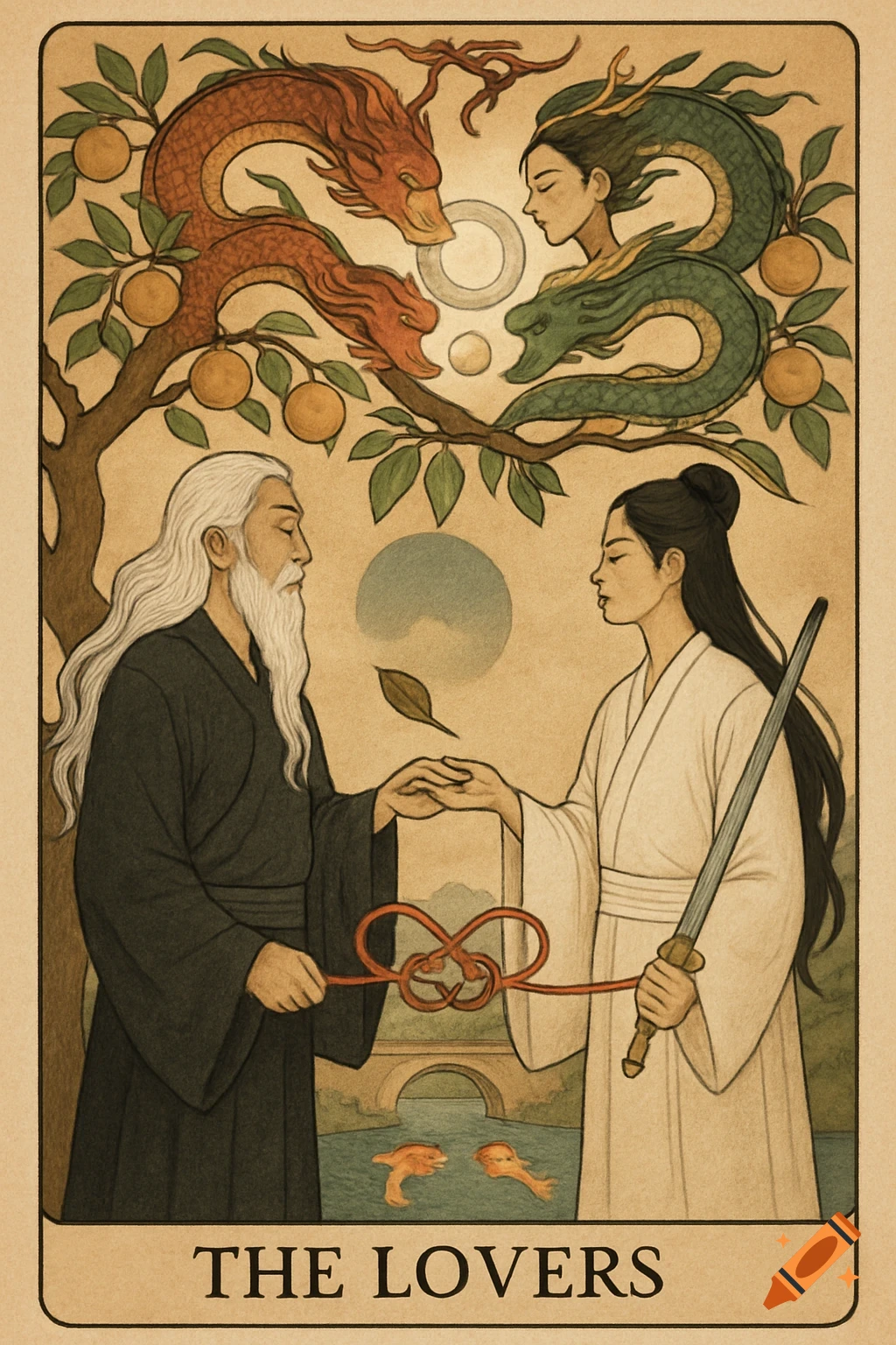 Stylized tarot card titled THE LOVERS depicting two figures, intertwining dragons, a peach tree, and a red string.