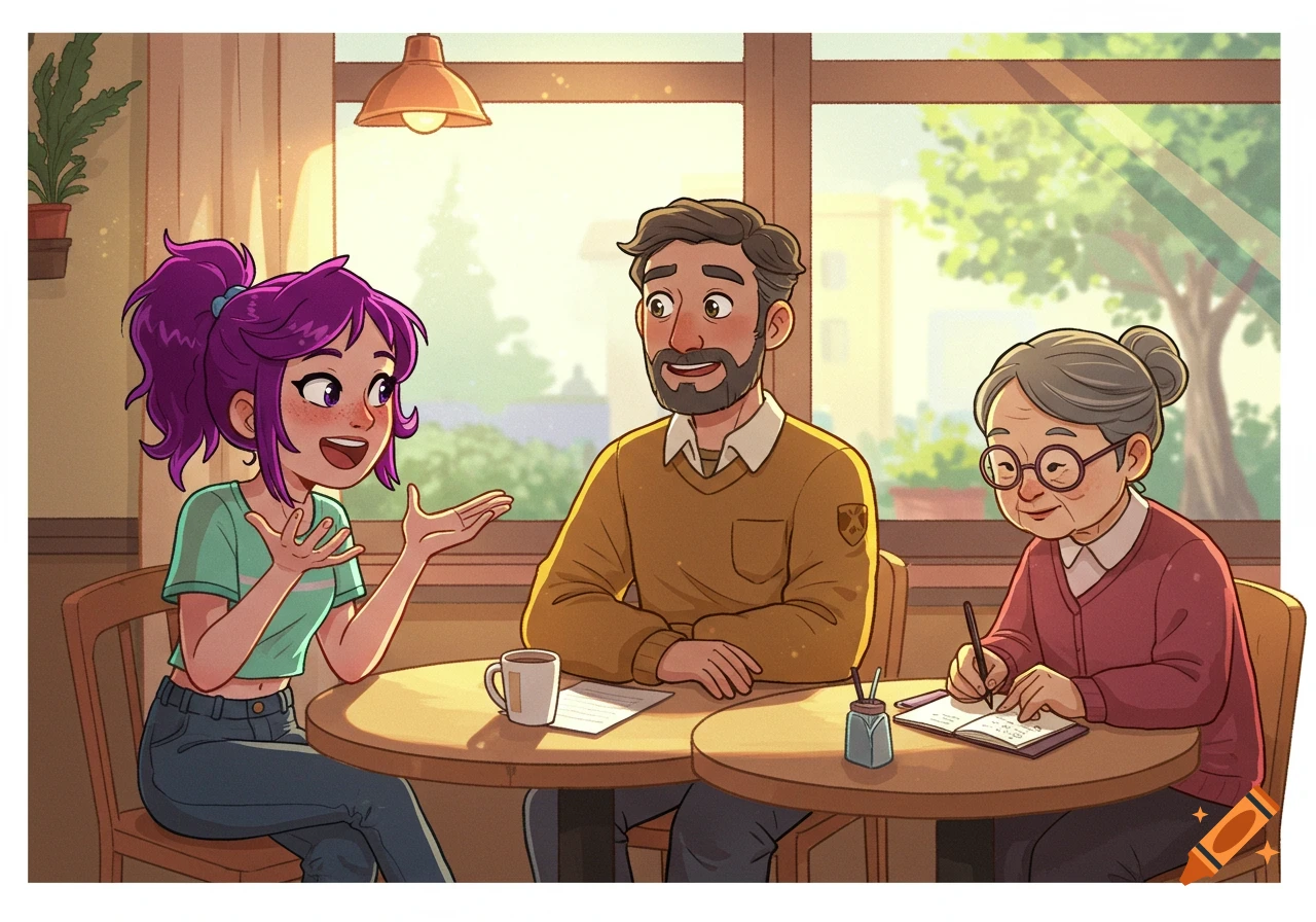 Cartoon illustration of three people having a conversation and taking notes at tables in a sunny cafe.