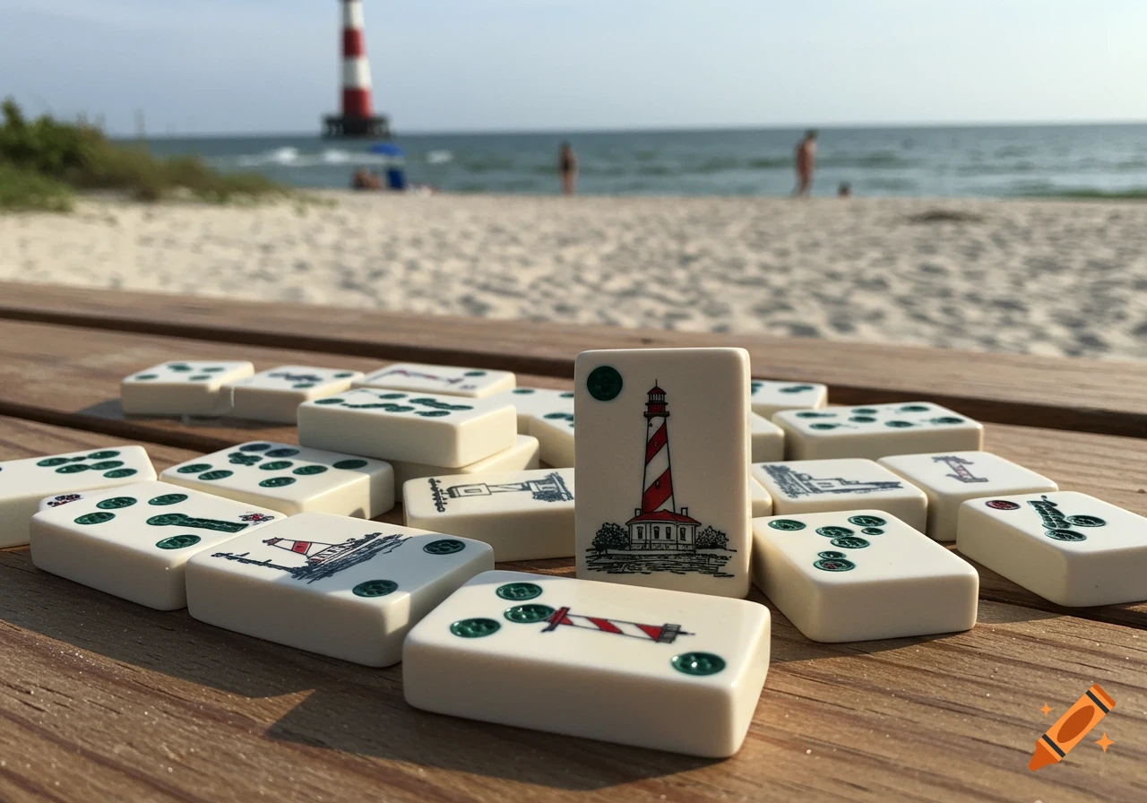 Mahjong tiles on a wooden table at the beach with a lighthouse in the background.