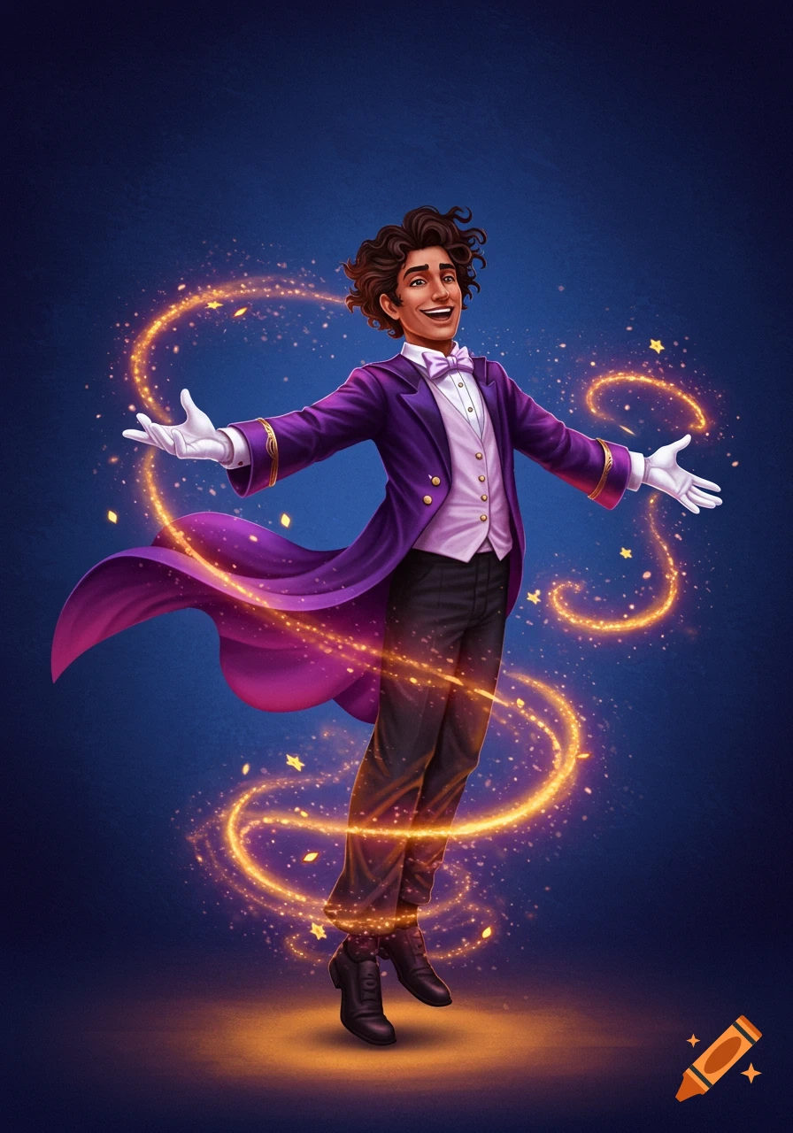 Illustration of a man dressed as a magician, with outstretched arms and glowing magical effects surrounding him on a dark background.