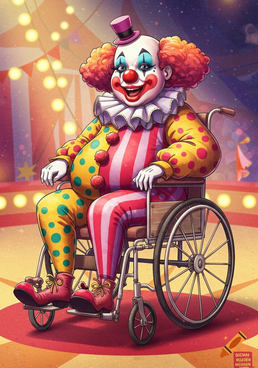 Colorful clown sitting in a wheelchair at a circus.