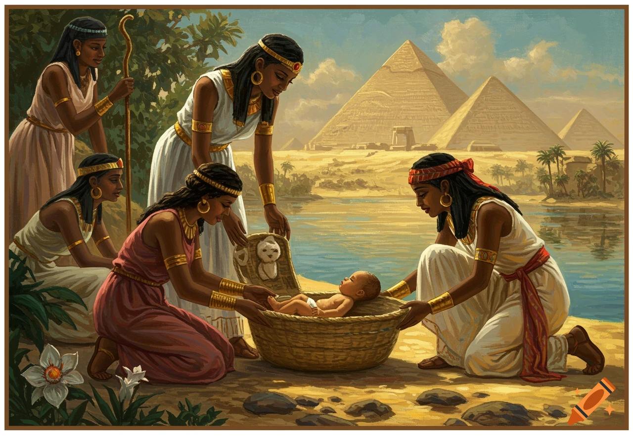 Classical painting of women discovering a baby in a basket by a river with pyramids.
