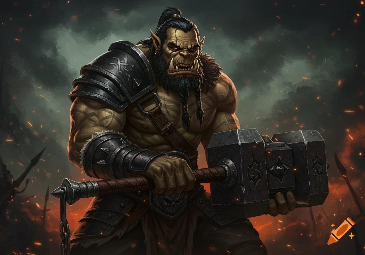 Fantasy art of an orc warrior holding a war hammer in a smoky, fiery battlefield.