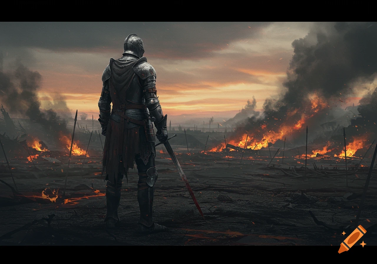 A lone knight stands on a scorched battlefield with fires and smoke in the background under an orange sky.