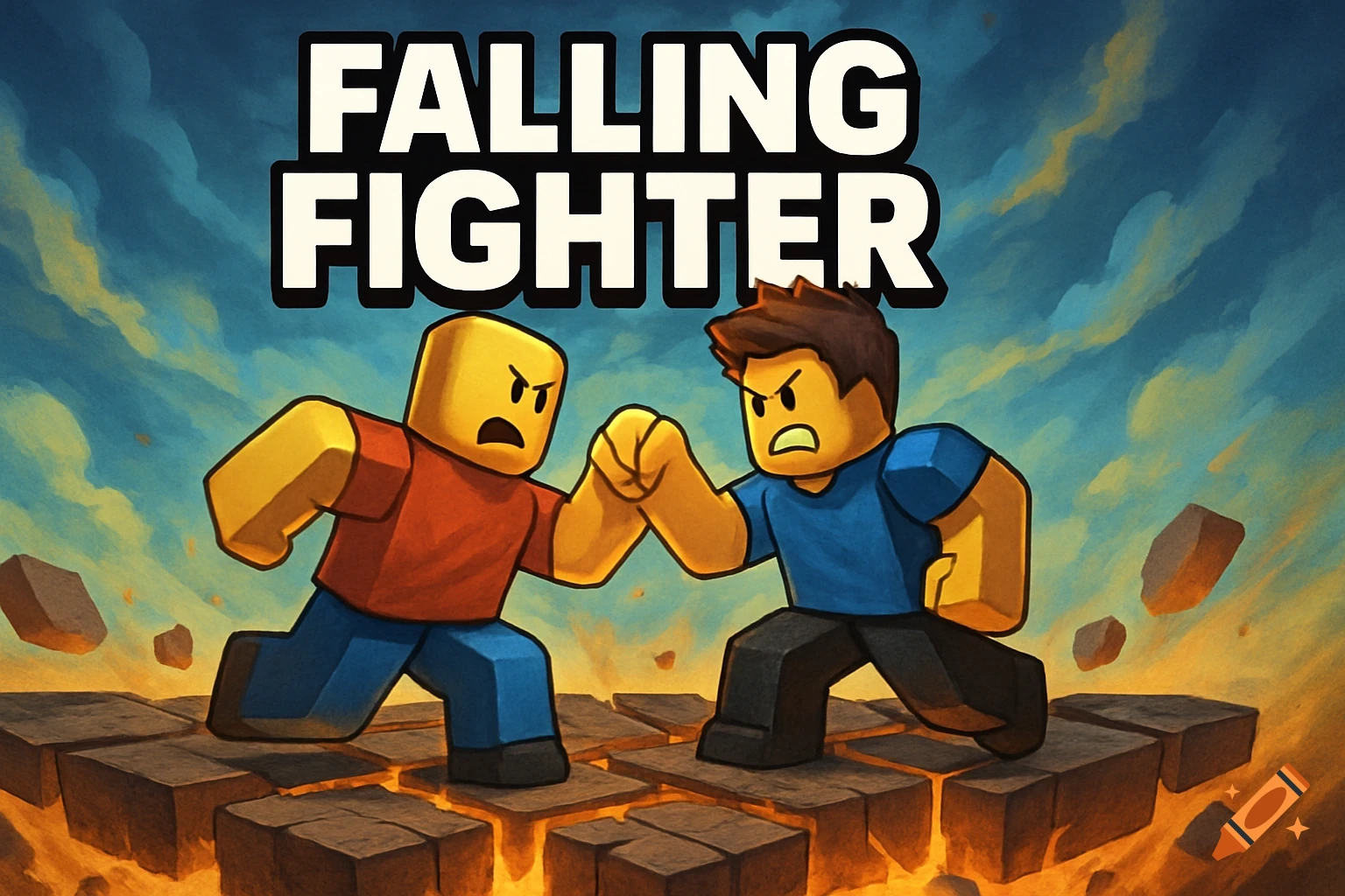 Two blocky characters fight on breaking platforms above lava. Title reads "FALLING FIGHTER".