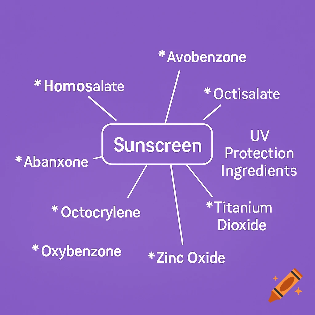 Concept map about sunscreen and UV protection ingredients on a purple background.