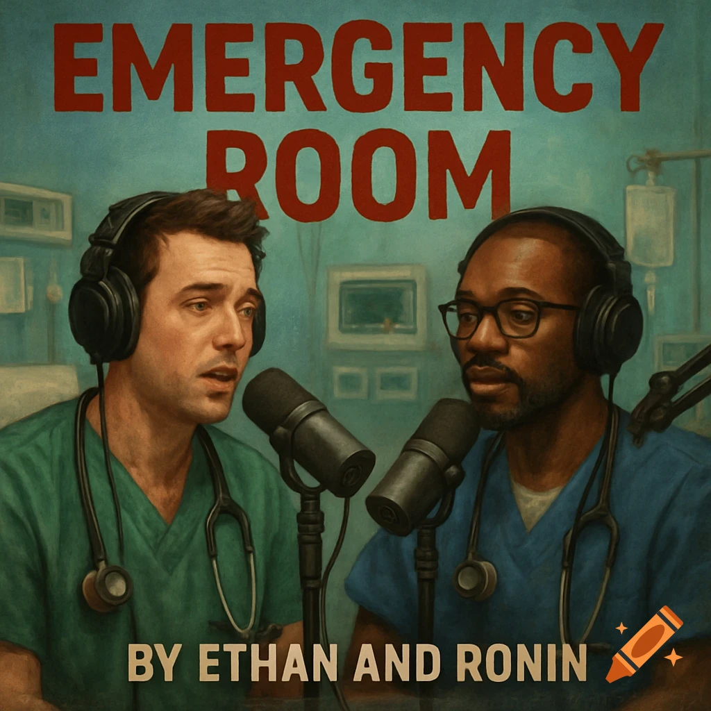 Stylized illustration of two men in medical scrubs with microphones and headphones, with text EMERGENCY ROOM and BY ETHAN AND RONIN.