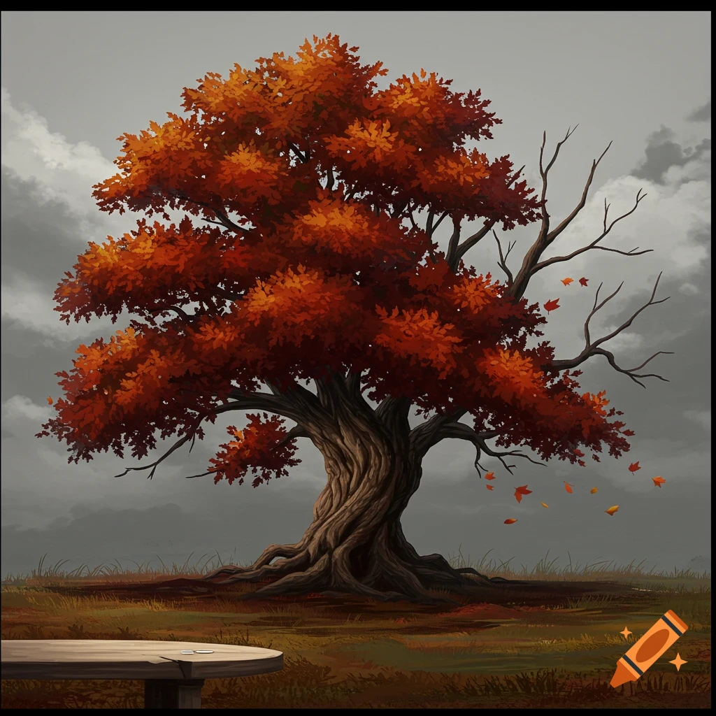 Illustrative painting of an old tree with red and orange autumn leaves falling under a cloudy sky.