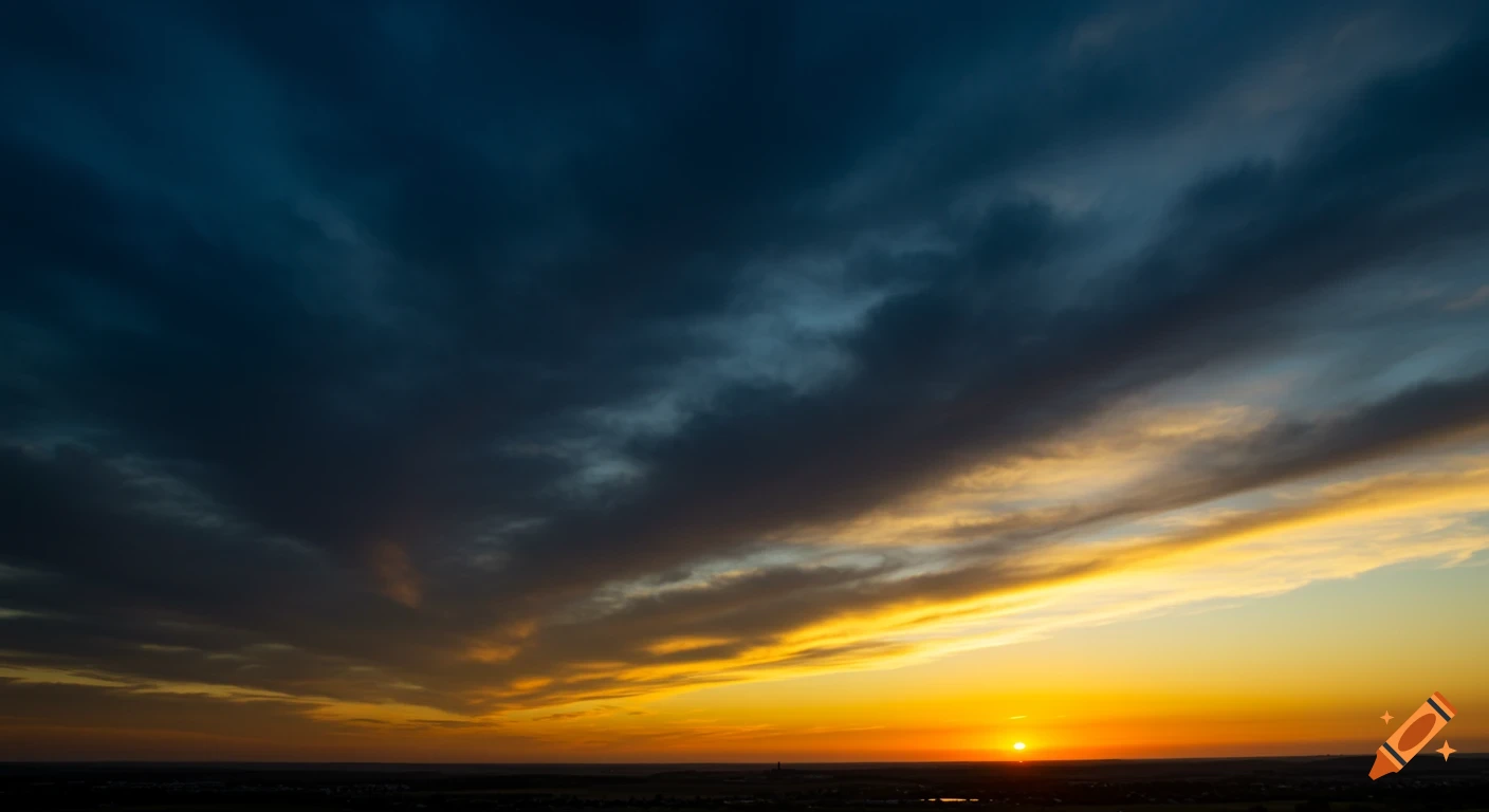 A sunset over a landscape, with dark blue clouds contrasting with the bright yellow and orange sky near the horizon.