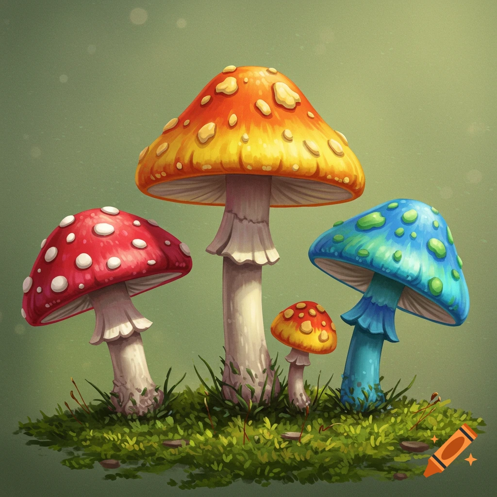 Stylized illustration of colorful mushrooms on a mossy ground.