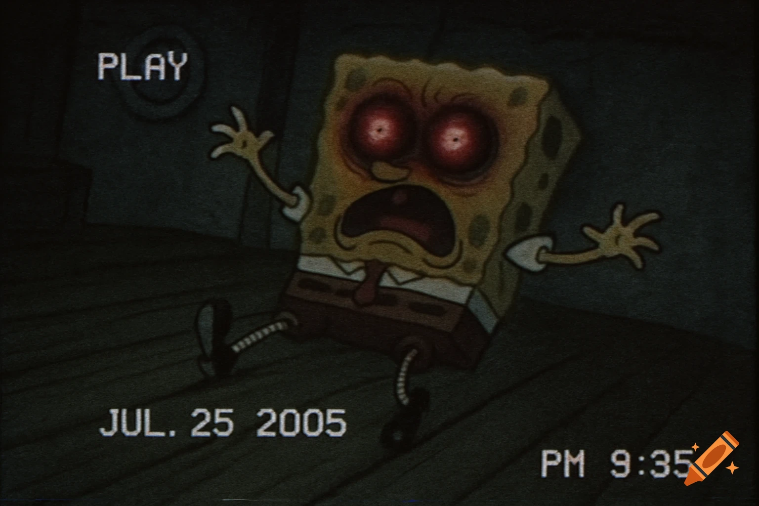 Scared Spongebob with glowing red eyes shown through a grainy VHS filter with date and time stamp.