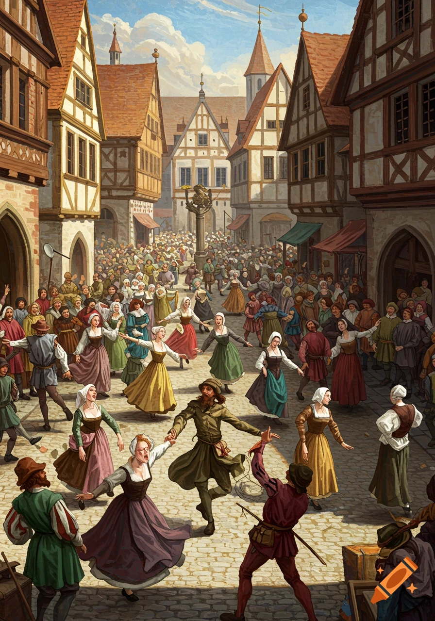 A large crowd of people dance in a sunny historical town square between half-timbered buildings.