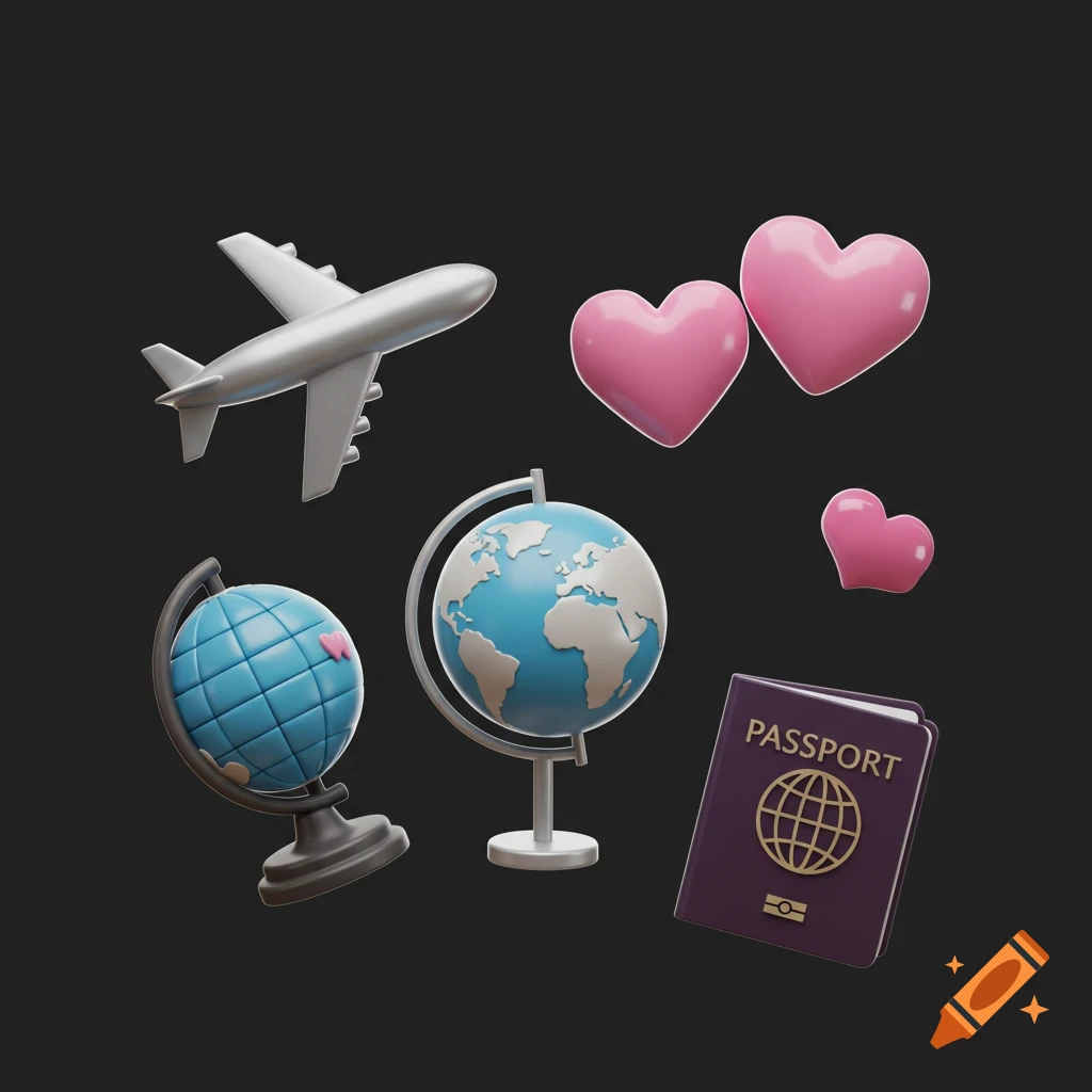 3D rendering of travel items: airplane, globes, pink hearts, and a passport.