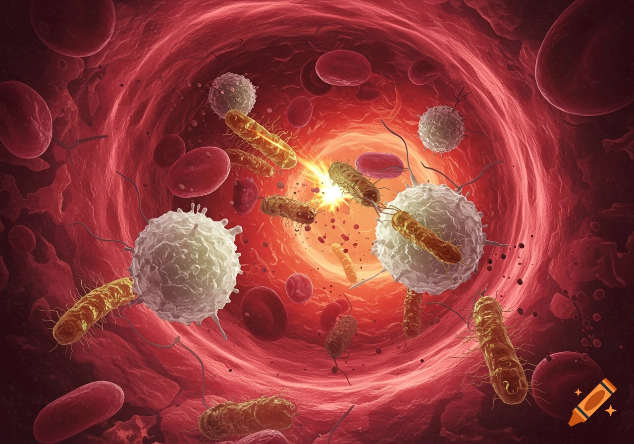 Microscopic view of white blood cells and bacteria inside a blood vessel