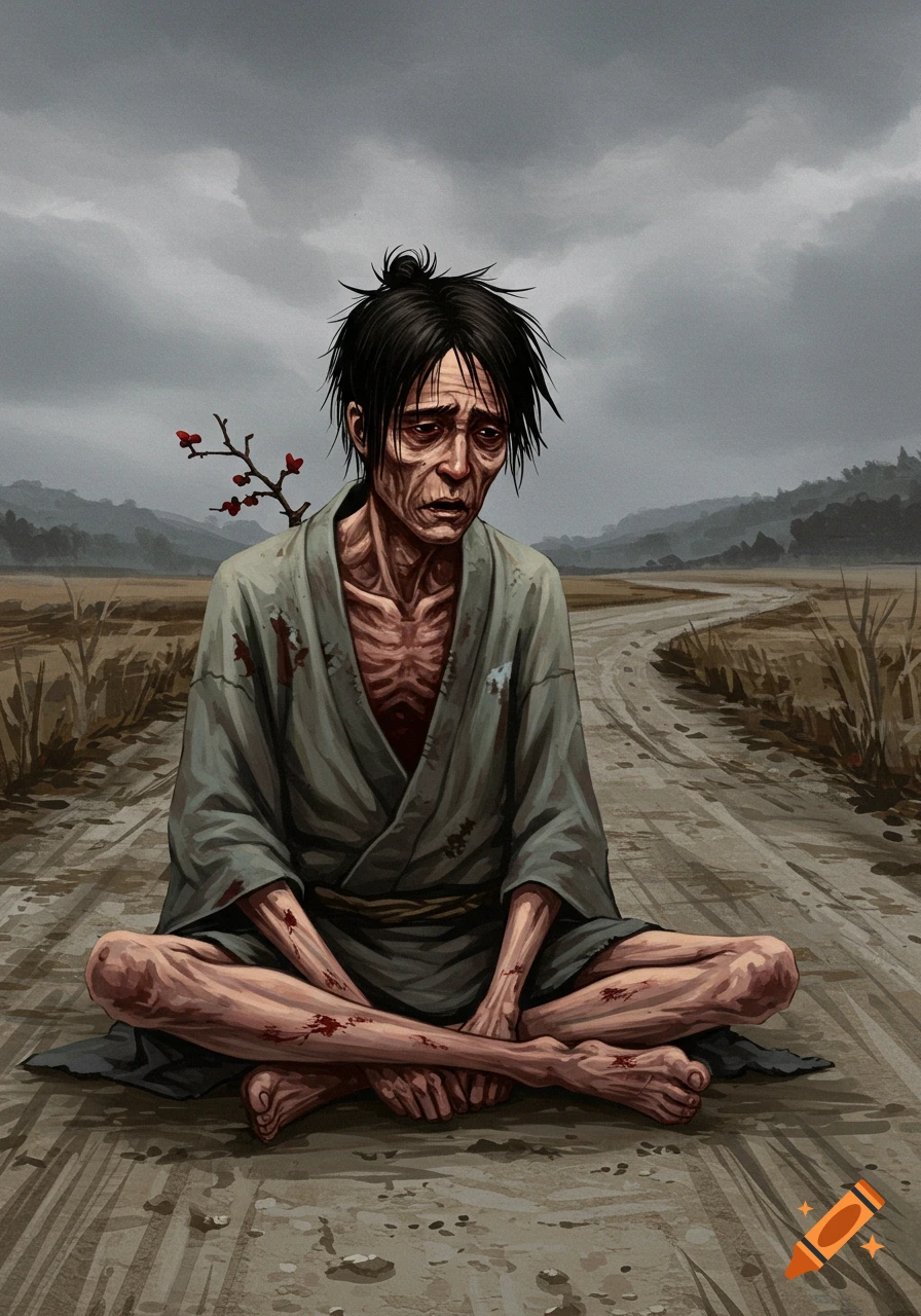 Illustration of a starving Japanese man sitting on a dirt road in a desolate landscape under a stormy sky.