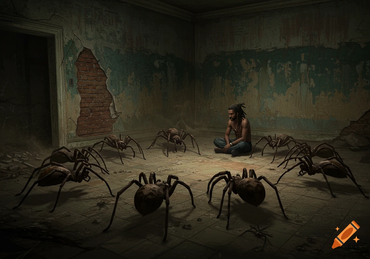 A man sits surrounded by giant spiders in a dilapidated room.