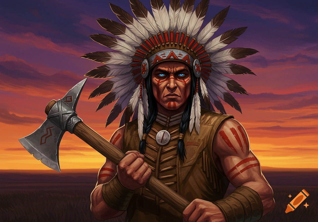 Digital painting of a Native American warrior in a feathered headdress holding an axe at sunset.
