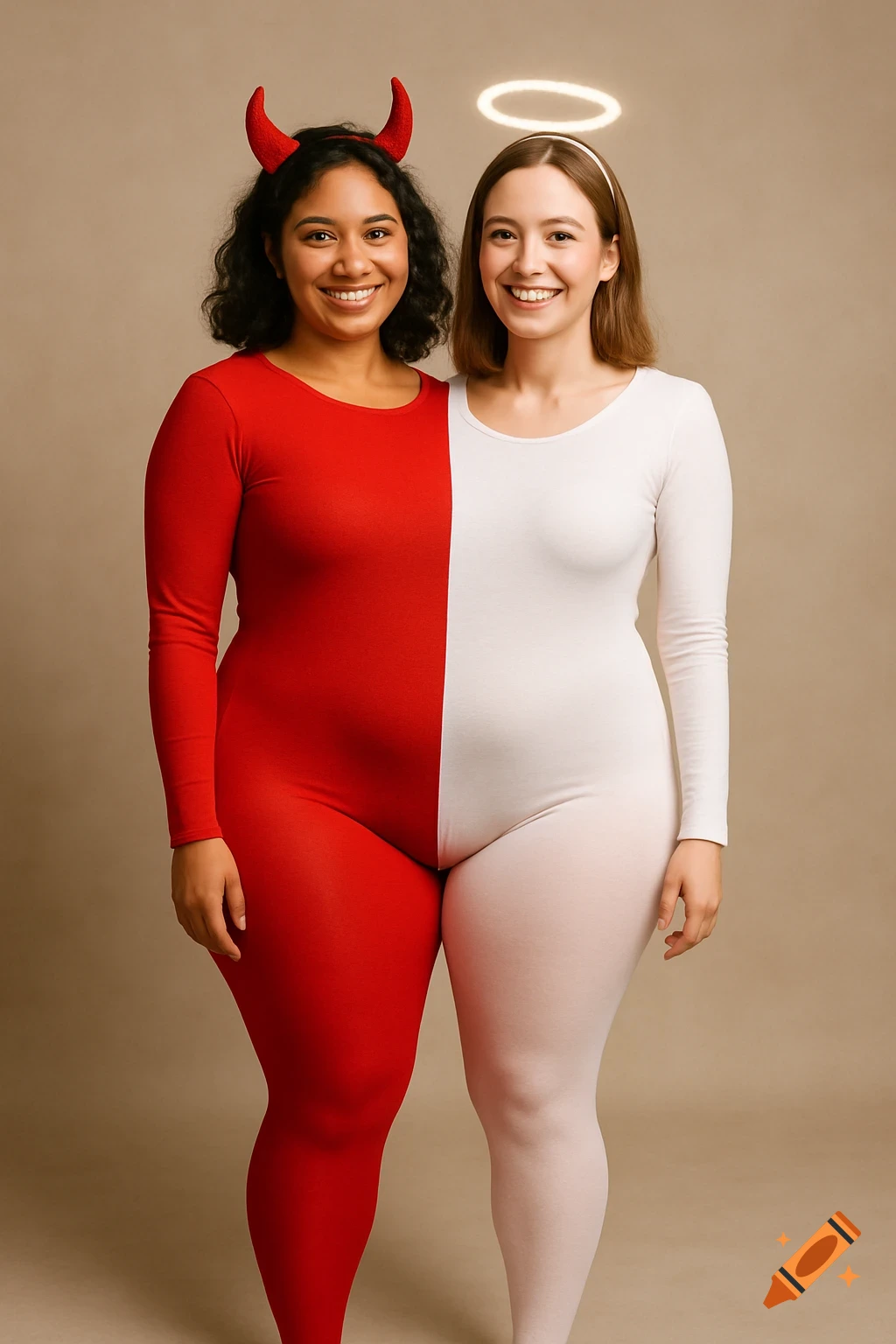 Two women in a half-red devil, half-white angel costume appearing to share one body.