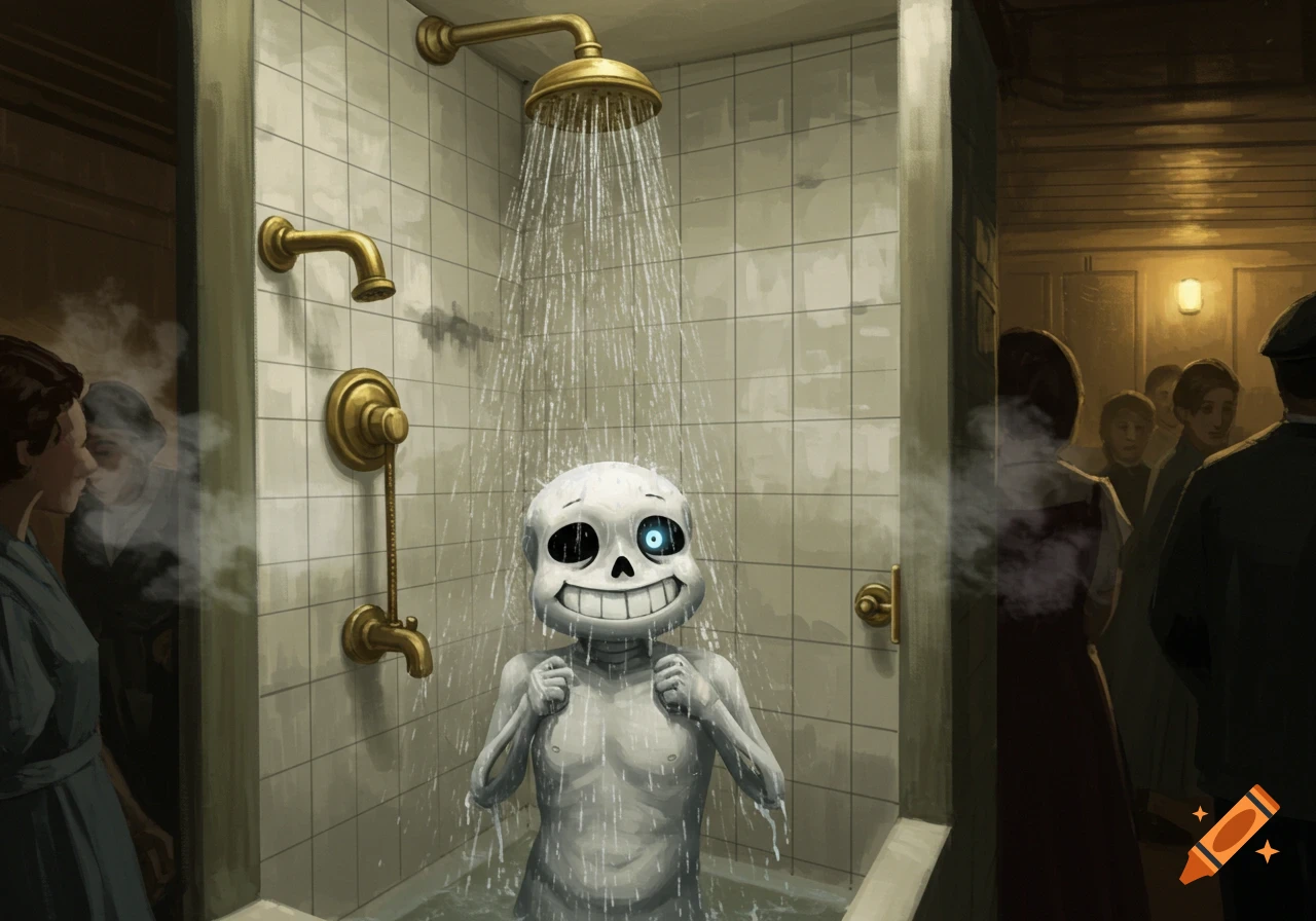 Sans from Undertale taking a shower in a vintage bathroom.
