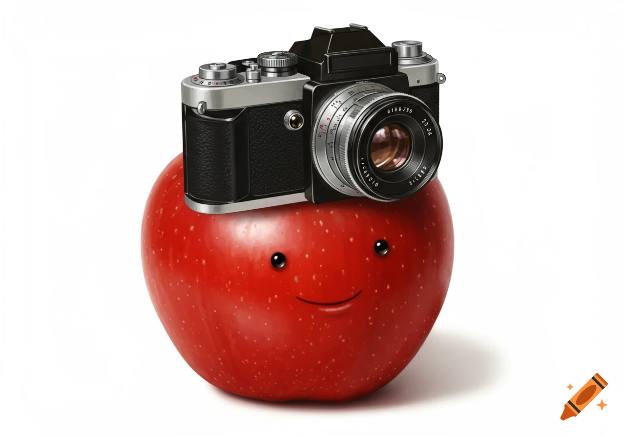 A red apple with a happy face wears a vintage camera on its head.