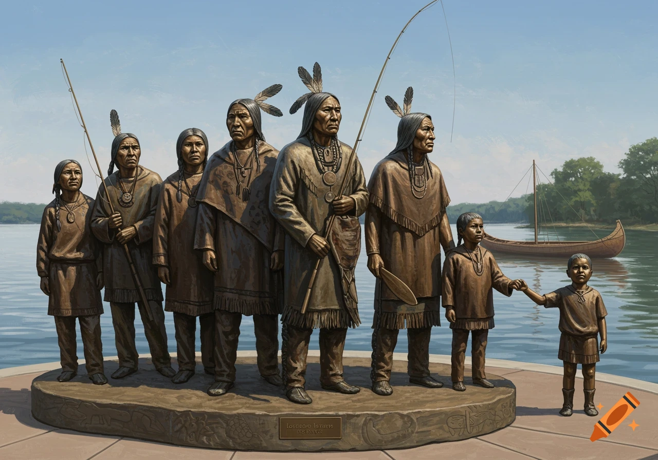 Bronze sculpture of a group of Native American adults and children standing by a river with a canoe in the background.