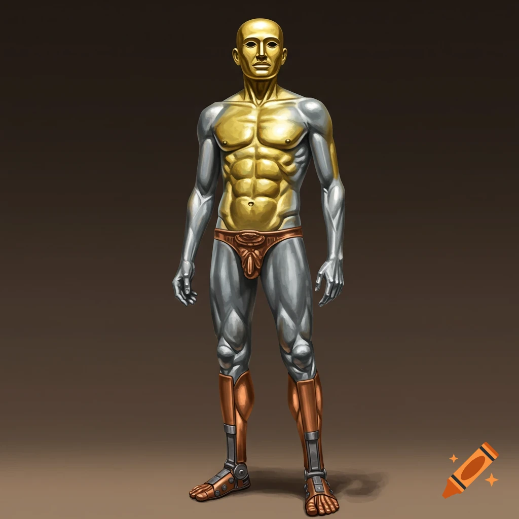 A standing male figure with a gold head and chest, silver limbs, and copper and iron feet, wearing a copper loincloth.