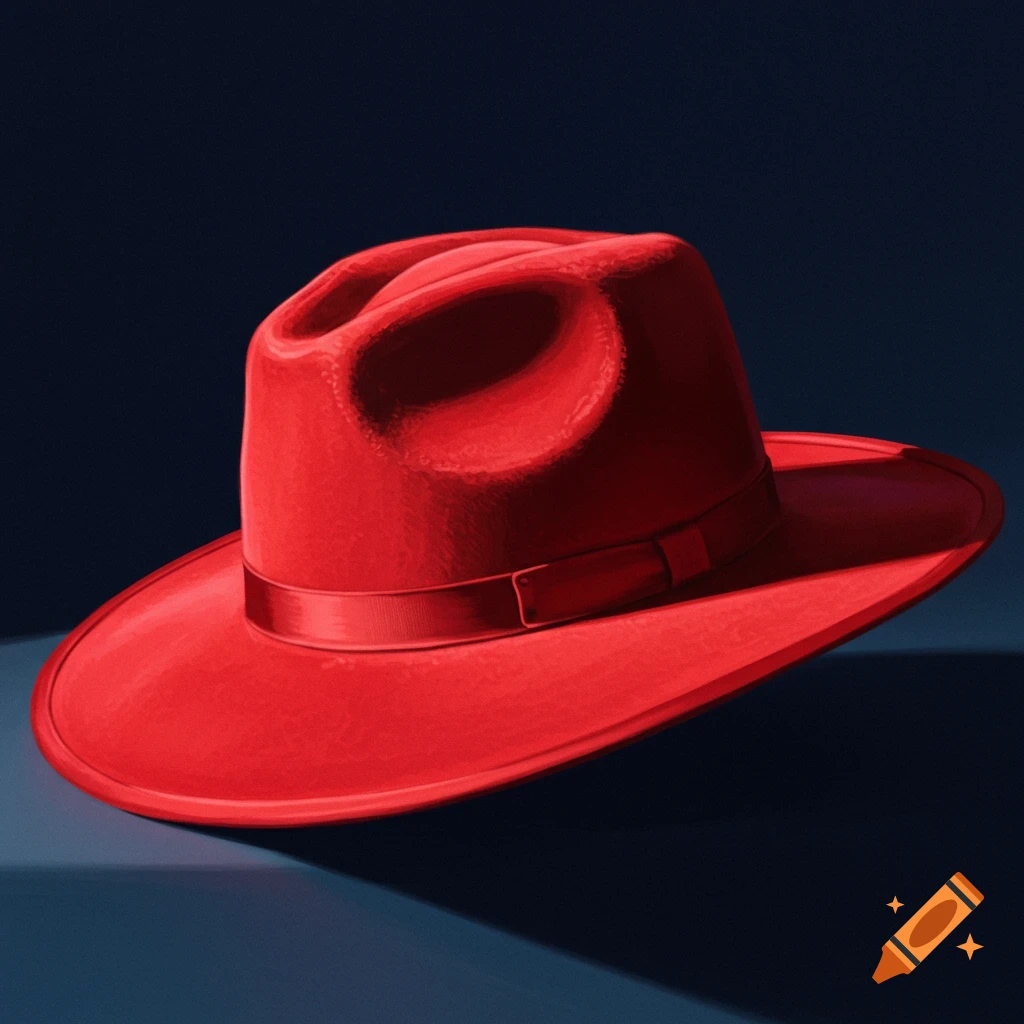 A red hat on a dark surface with dramatic lighting, digital art style.