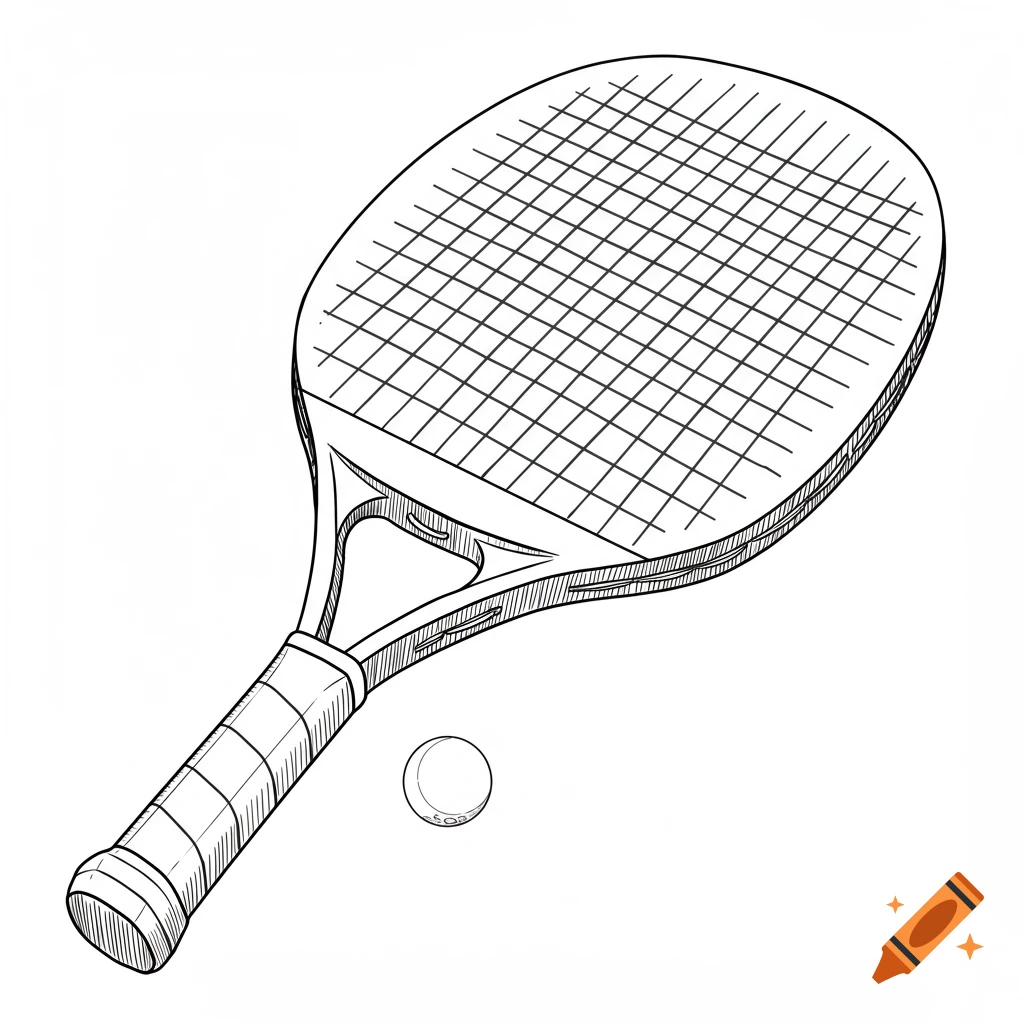 A line drawing of a tennis racquet and ball.