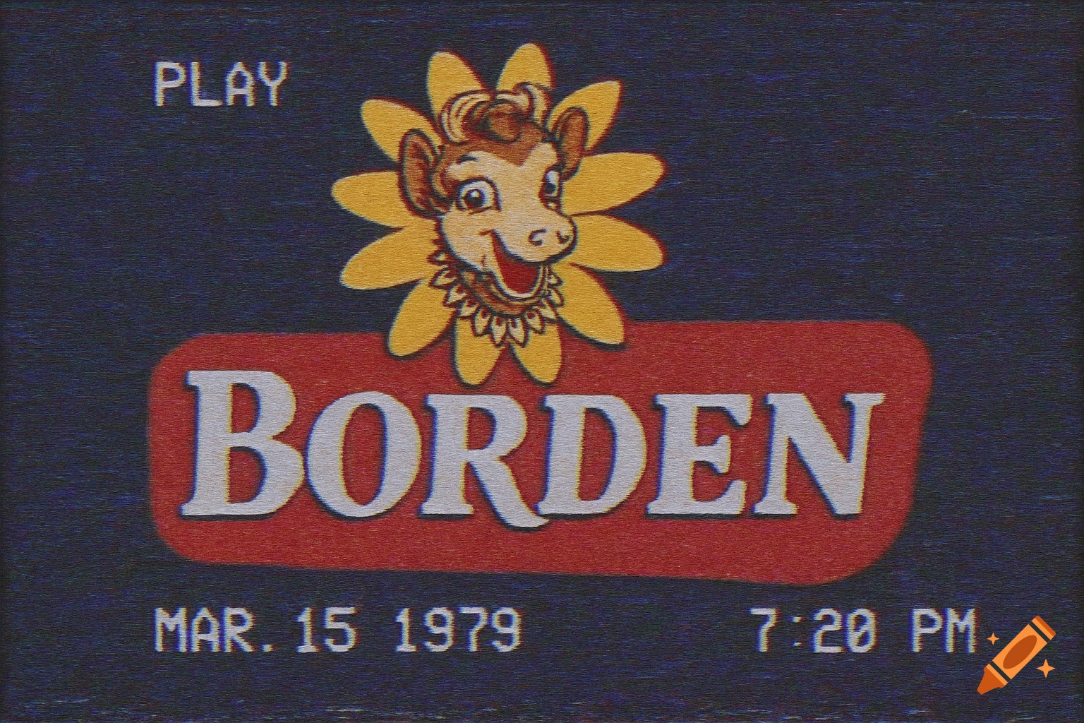 Borden dairy logo featuring Elsie the cow mascot with a retro VHS filter overlay showing "PLAY", "MAR. 15 1979", and "7:20 PM".