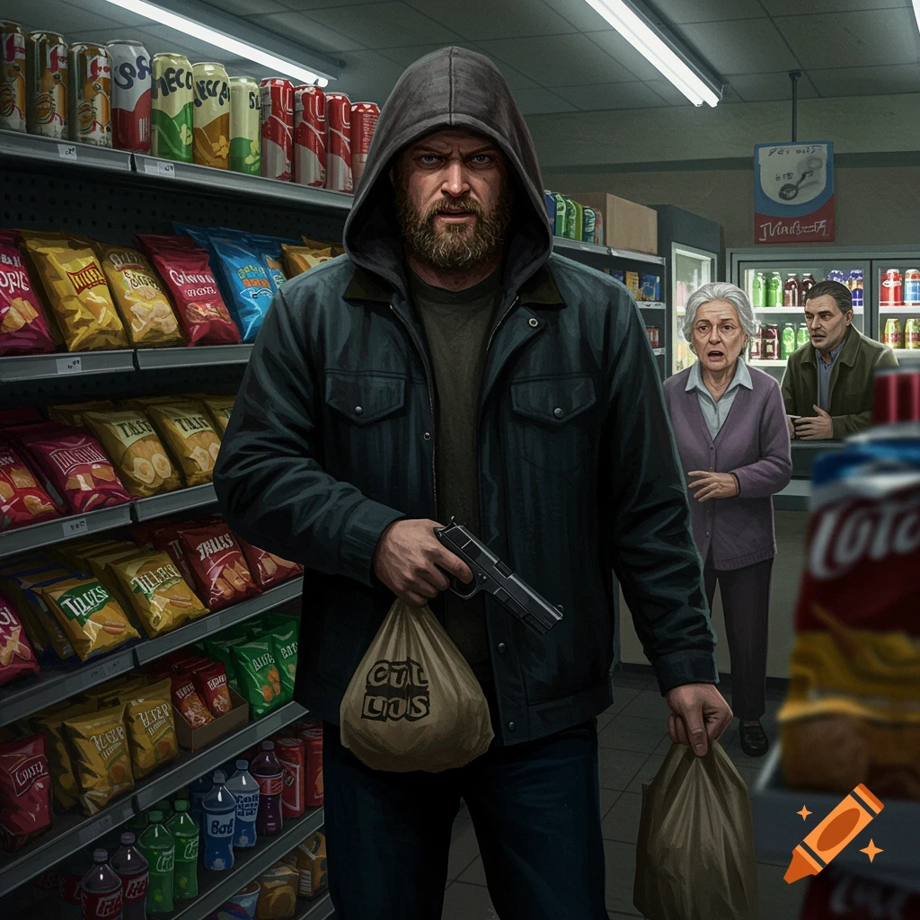 Man in a hoodie holding a gun and shopping bags in a store during a robbery, illustration.