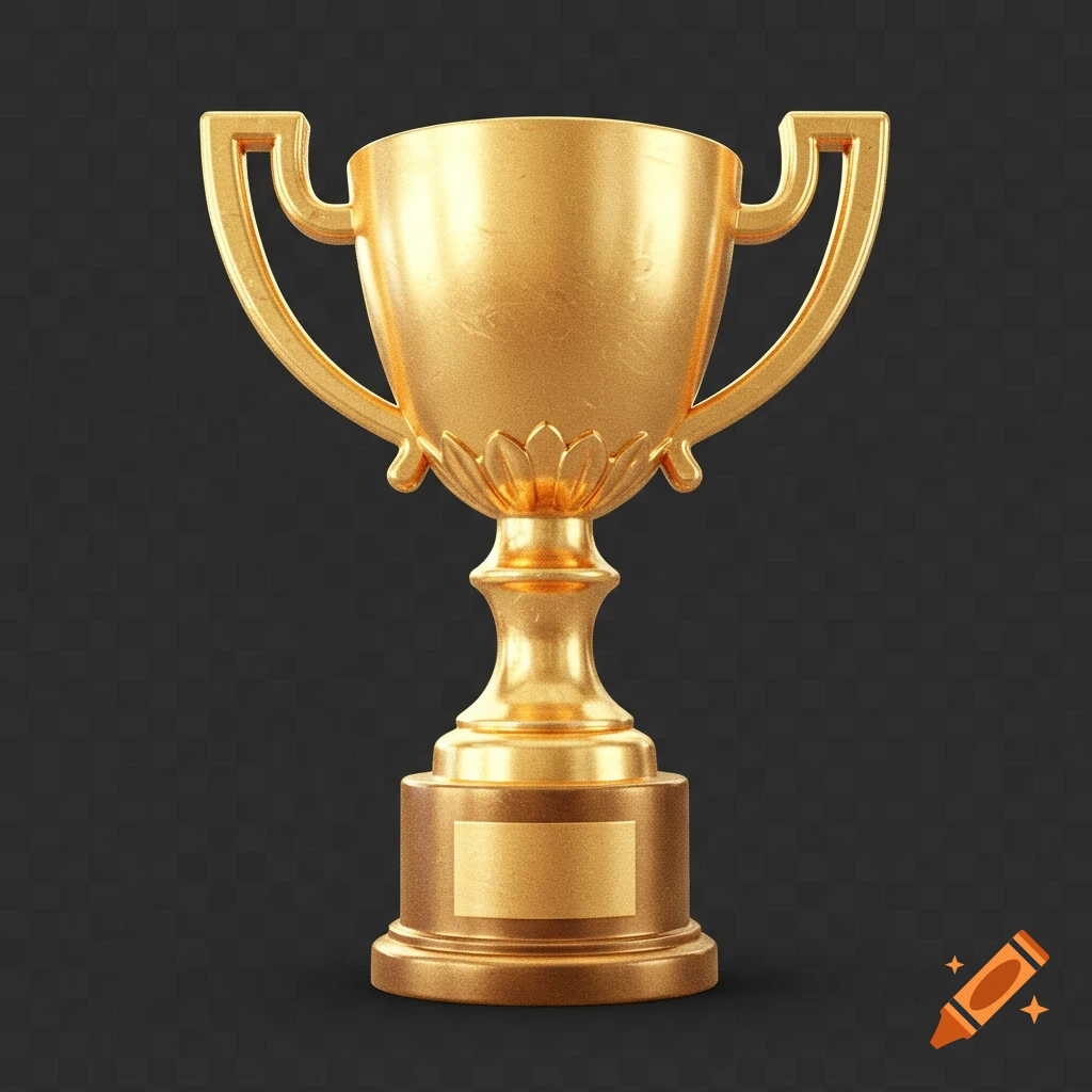 A shiny golden trophy on a transparent background.