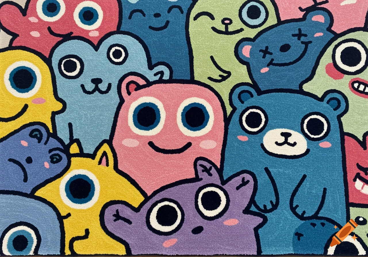 Close-up view of many colorful, cartoon monster and animal characters with simple faces, rendered in a hand-tufted rug style.