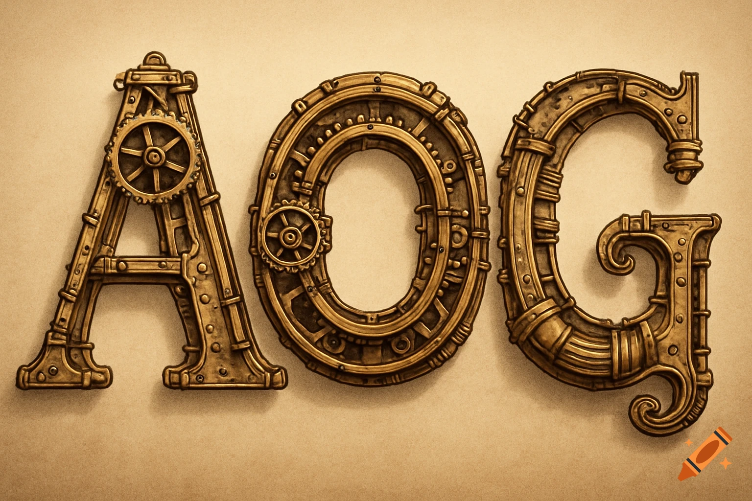 Three large letters A, O, and G designed in a detailed brass steampunk style.