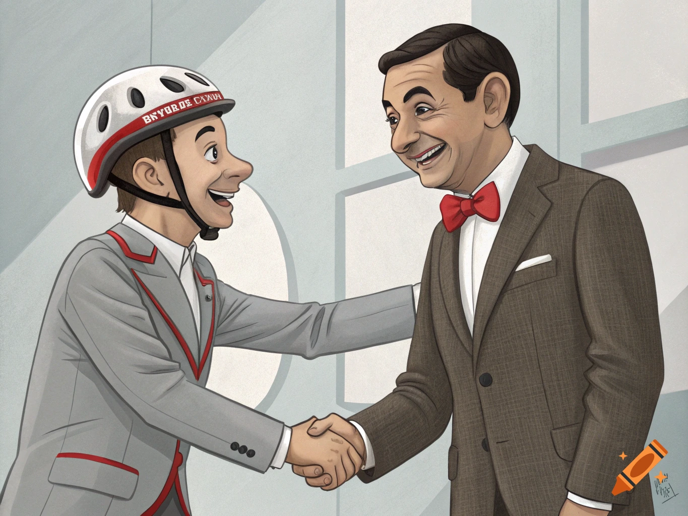 Illustration of Pee-wee Herman in a helmet shaking hands with Mr. Bean in a suit.