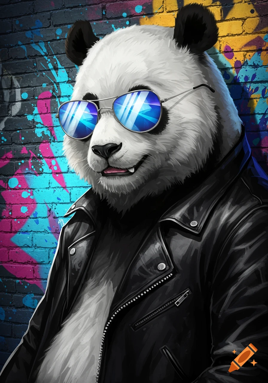 Cool panda wearing sunglasses and a leather jacket stands against a graffiti-covered brick wall.